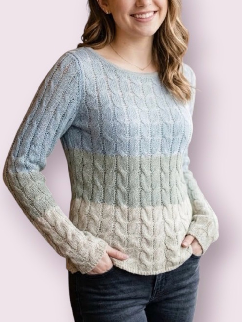 Anthropologie Sparrow Mohair Alpaca Wool Cable Knit Sweater Green Ombré Medium